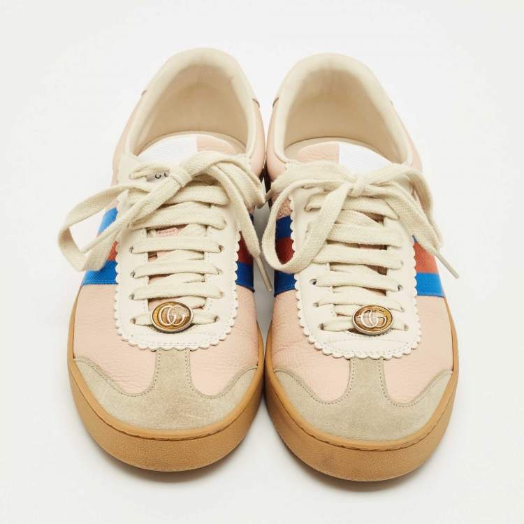 Pre Owned Gucci Multicolor Leather and Suede Web Lace Up Sneakers Size 38.5