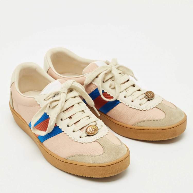 Pre Owned Gucci Multicolor Leather and Suede Web Lace Up Sneakers Size 38.5