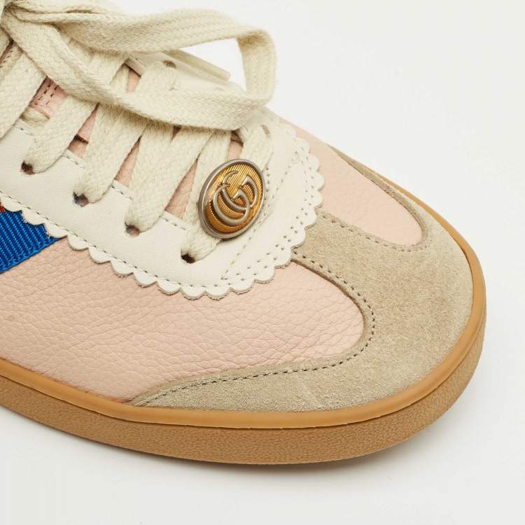 Pre Owned Gucci Multicolor Leather and Suede Web Lace Up Sneakers Size 38.5