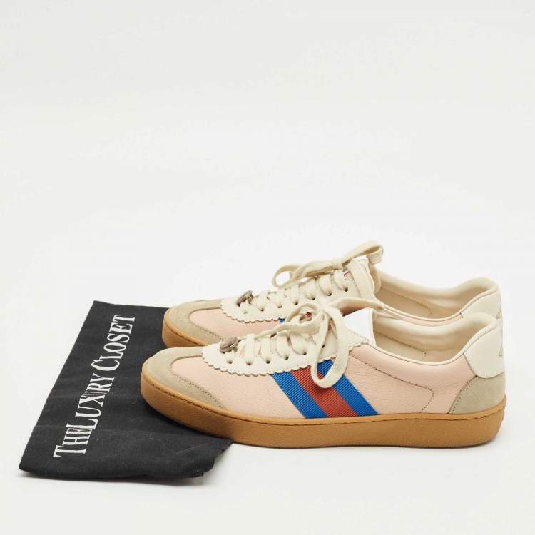 Pre Owned Gucci Multicolor Leather and Suede Web Lace Up Sneakers Size 38.5