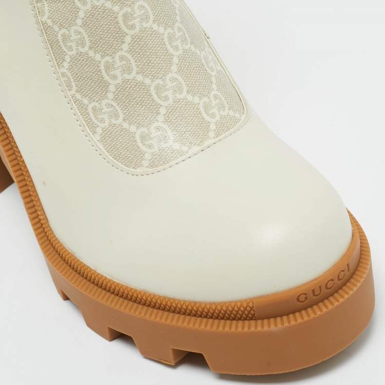 Pre Owned Gucci Off White Leather and GG Supreme Canvas Kensington Ankle Boots Size 42