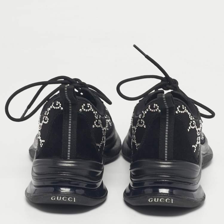 Pre Owned Gucci Black GG Crystal Mesh and Suede Run Sneakers Size 40
