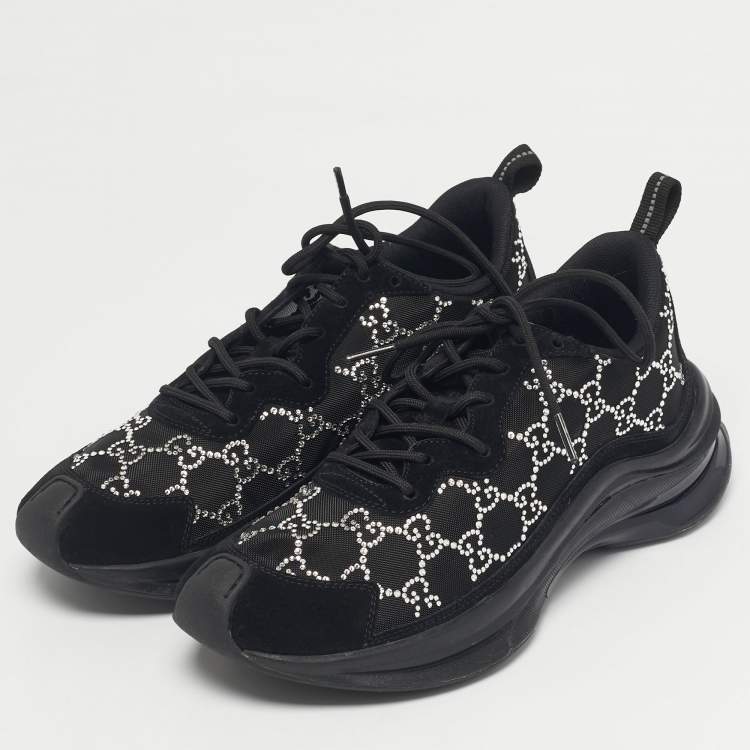 Pre Owned Gucci Black GG Crystal Mesh and Suede Run Sneakers Size 40
