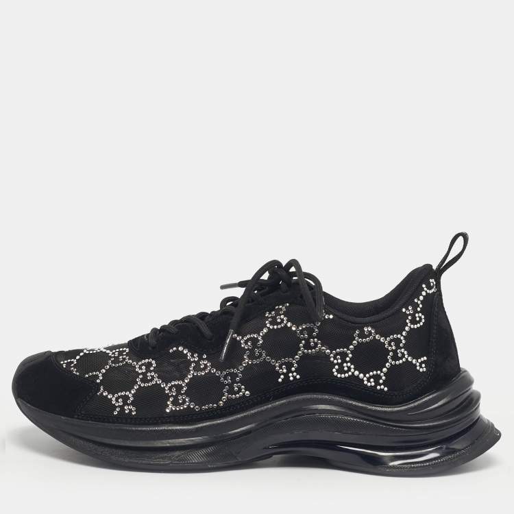 Pre Owned Gucci Black GG Crystal Mesh and Suede Run Sneakers Size 40