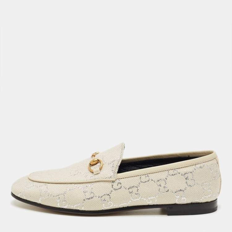 Pre Owned Gucci Cream Jacquard and Leather Jordaan Loafers Size 39.5