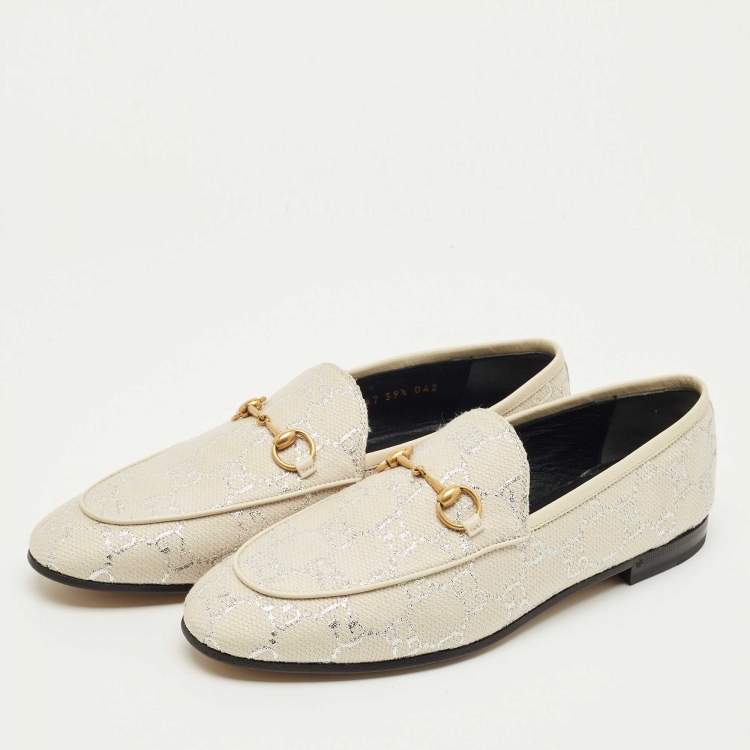 Pre Owned Gucci Cream Jacquard and Leather Jordaan Loafers Size 39.5