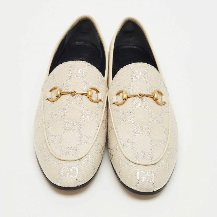Pre Owned Gucci Cream Jacquard and Leather Jordaan Loafers Size 39.5