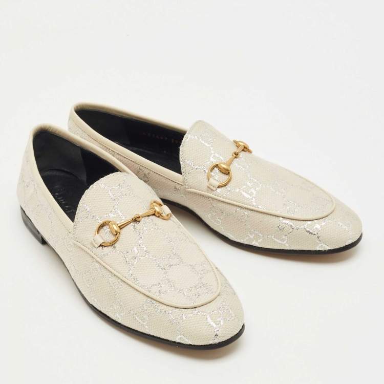 Pre Owned Gucci Cream Jacquard and Leather Jordaan Loafers Size 39.5