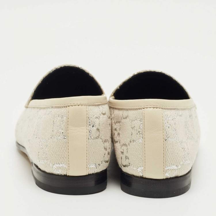 Pre Owned Gucci Cream Jacquard and Leather Jordaan Loafers Size 39.5