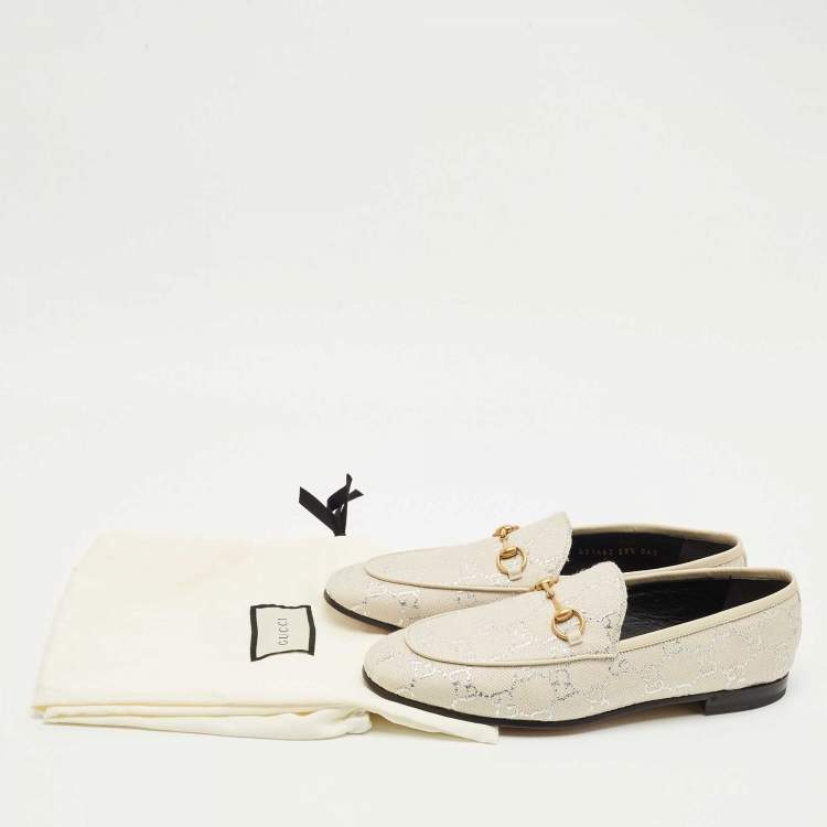 Pre Owned Gucci Cream Jacquard and Leather Jordaan Loafers Size 39.5