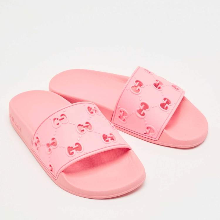 Pre Owned Gucci Pink GG Laser Cut Rubber Pool Slides Size 34