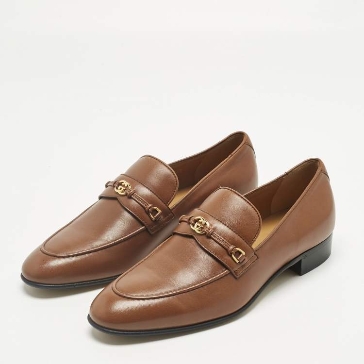 Pre Owned Gucci Brown Leather Horsebit Interlocking G Logo Loafers Size 39