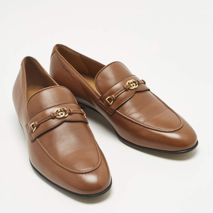 Pre Owned Gucci Brown Leather Horsebit Interlocking G Logo Loafers Size 39
