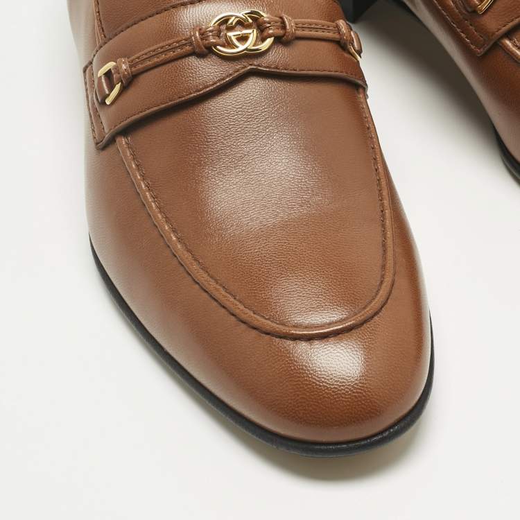 Pre Owned Gucci Brown Leather Horsebit Interlocking G Logo Loafers Size 39