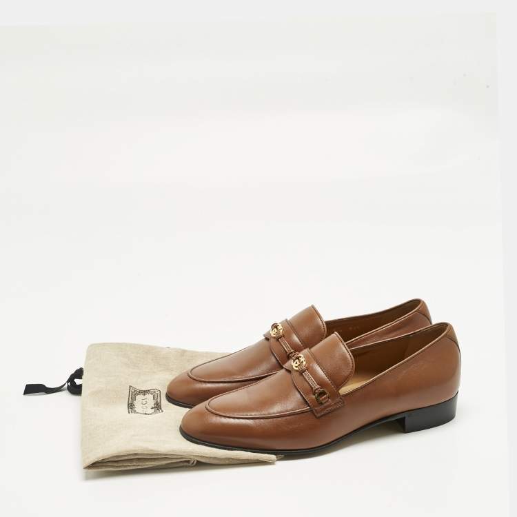 Pre Owned Gucci Brown Leather Horsebit Interlocking G Logo Loafers Size 39
