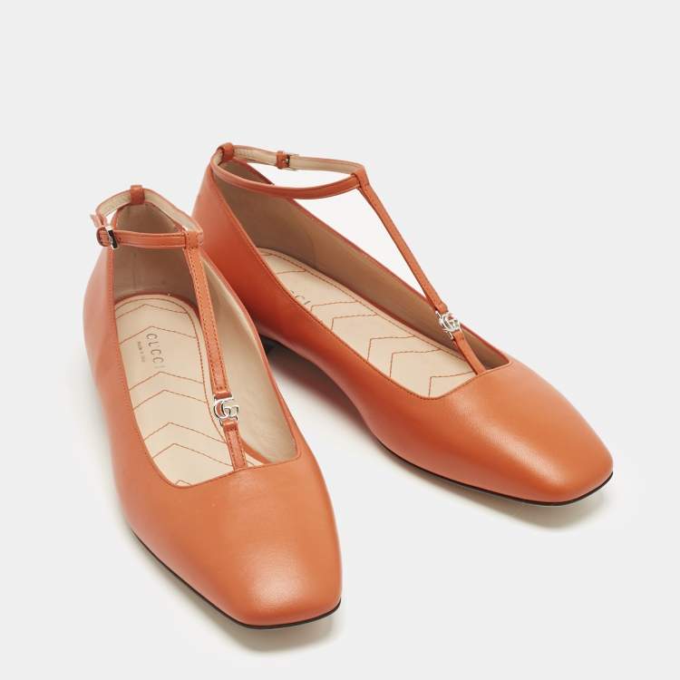Pre Owned Gucci Orange Leather Interlocking G Logo T Strap Ballet Flats Size 40