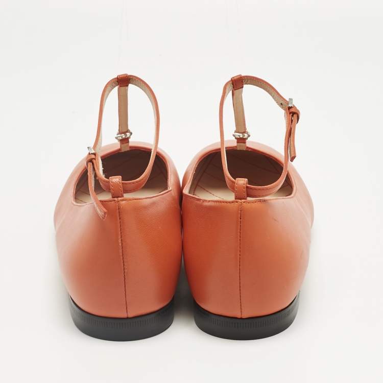 Pre Owned Gucci Orange Leather Interlocking G Logo T Strap Ballet Flats Size 40