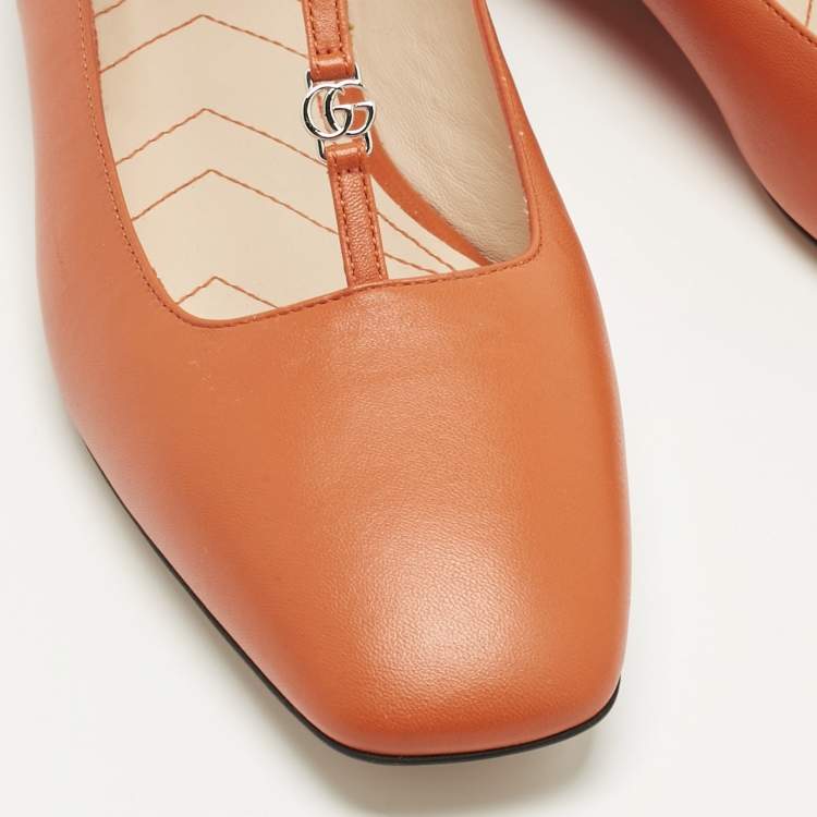 Pre Owned Gucci Orange Leather Interlocking G Logo T Strap Ballet Flats Size 40
