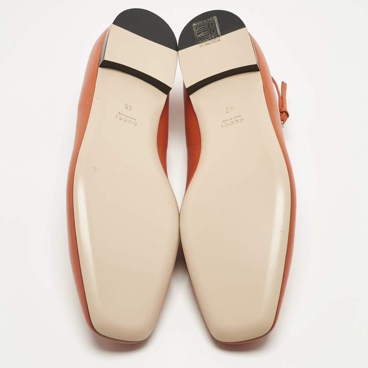 Pre Owned Gucci Orange Leather Interlocking G Logo T Strap Ballet Flats Size 40