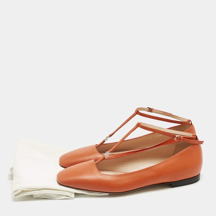 Pre Owned Gucci Orange Leather Interlocking G Logo T Strap Ballet Flats Size 40