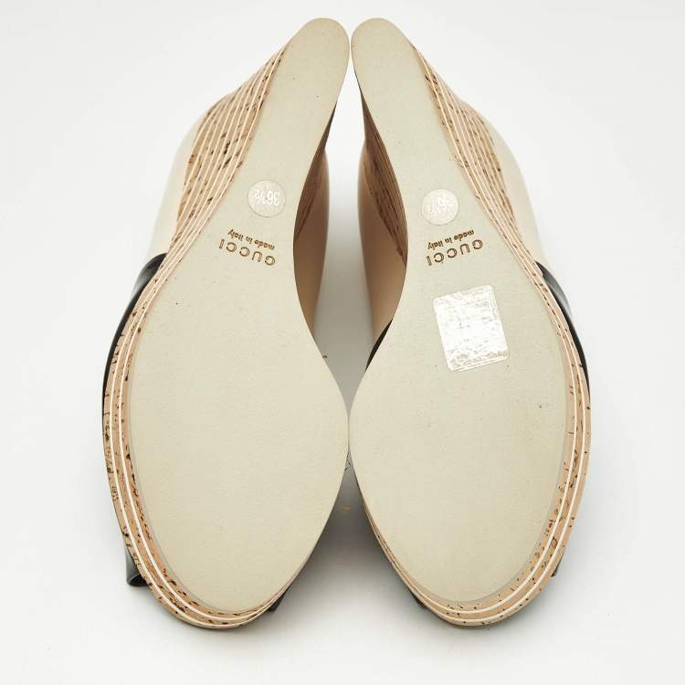 Pre Owned Gucci Beige Patent Leather Cork Wedge Pumps Size 36.5