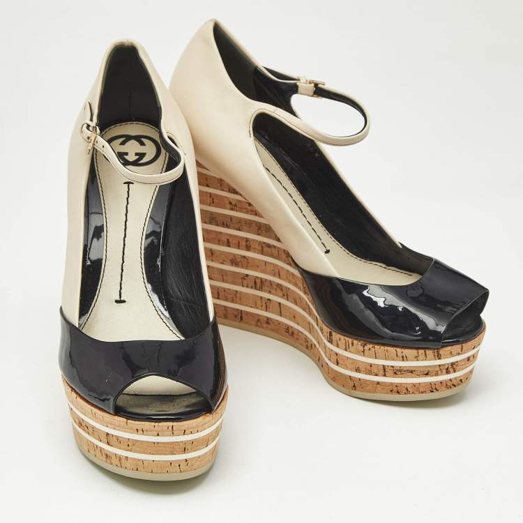 Pre Owned Gucci Beige Patent Leather Cork Wedge Pumps Size 36.5