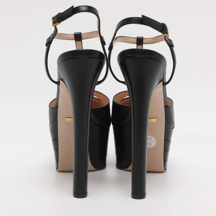Pre Owned Gucci Black Leather Angel Platform Pumps Size 40.5