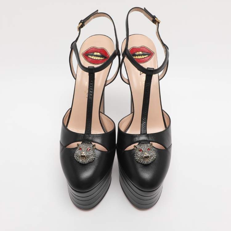Pre Owned Gucci Black Leather Angel Platform Pumps Size 40.5