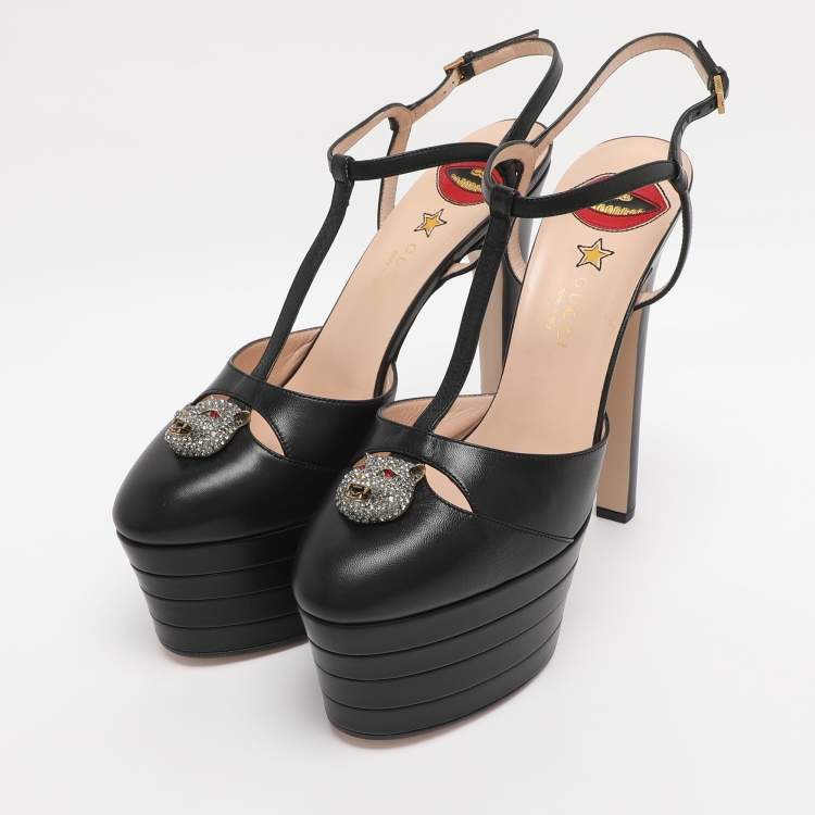 Pre Owned Gucci Black Leather Angel Platform Pumps Size 40.5