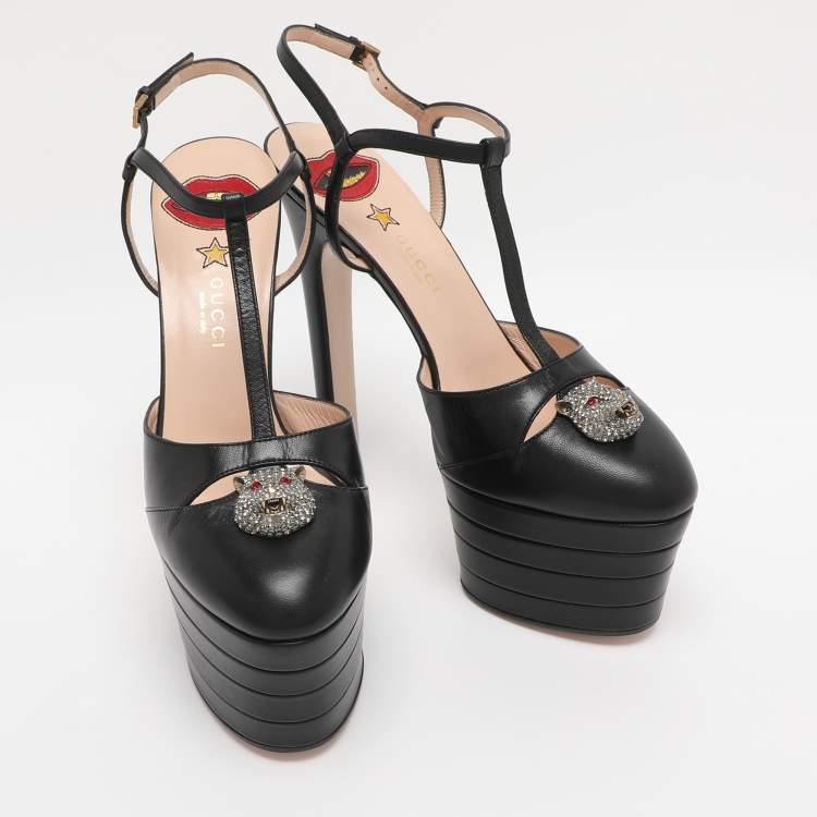 Pre Owned Gucci Black Leather Angel Platform Pumps Size 40.5