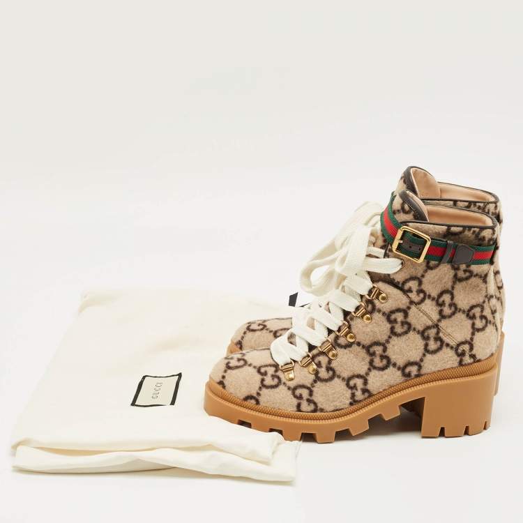 Pre Owned Gucci Brown Wool Sylvie Ankle Length Boots Size 38