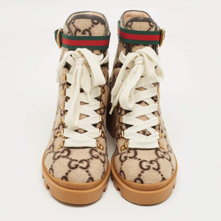 Pre Owned Gucci Brown Wool Sylvie Ankle Length Boots Size 38