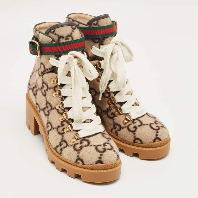 Pre Owned Gucci Brown Wool Sylvie Ankle Length Boots Size 38