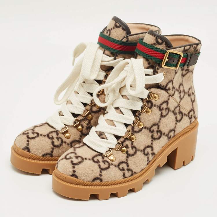 Pre Owned Gucci Brown Wool Sylvie Ankle Length Boots Size 38