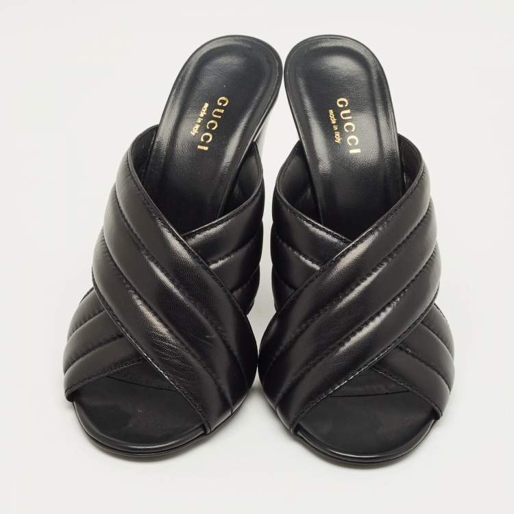Pre Owned Gucci Black Quilted Leather Webby Slide Sandals Size 38