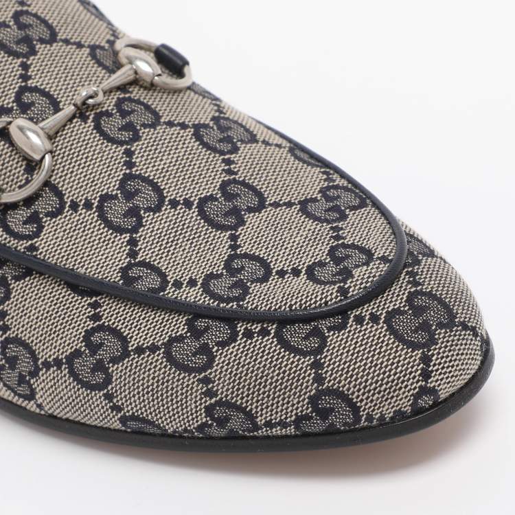 Pre Owned Gucci Beige/Blue GG Canvas and Leather Jordaan Horsebit Loafers Size 36.5