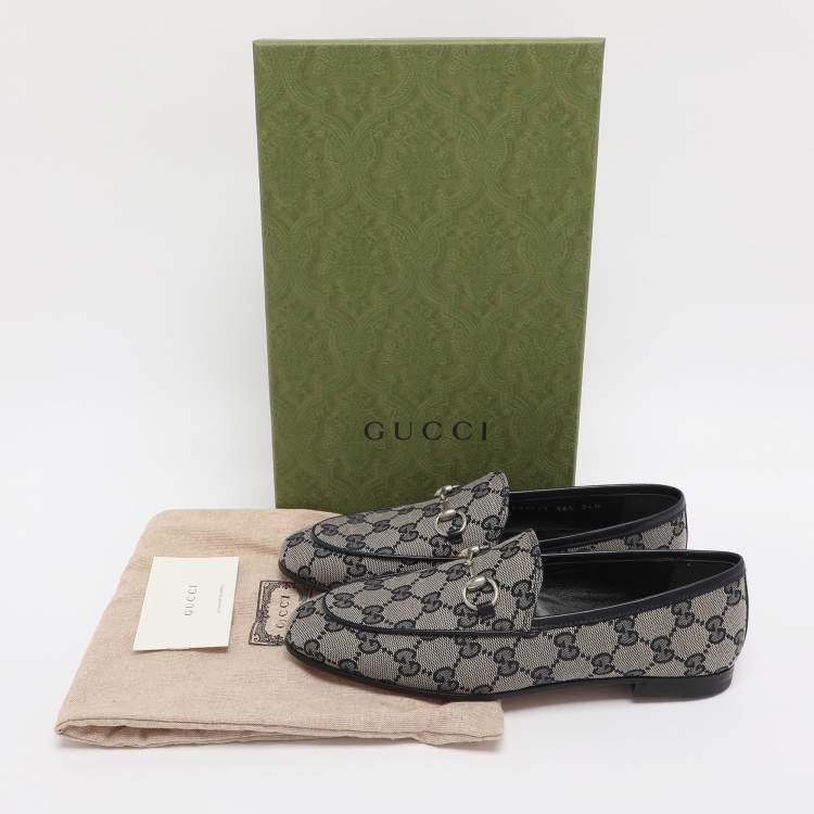 Pre Owned Gucci Beige/Blue GG Canvas and Leather Jordaan Horsebit Loafers Size 36.5