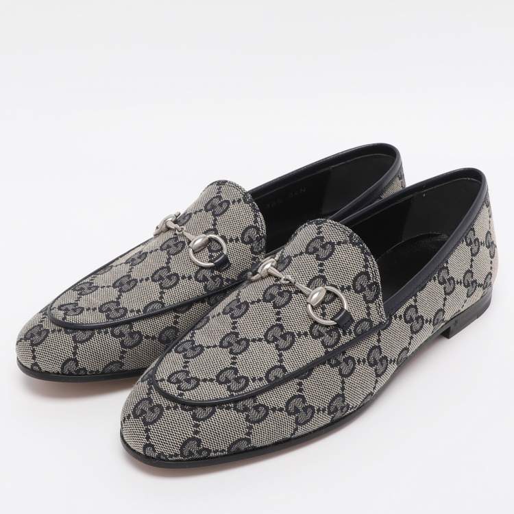 Pre Owned Gucci Beige/Blue GG Canvas and Leather Jordaan Horsebit Loafers Size 36.5