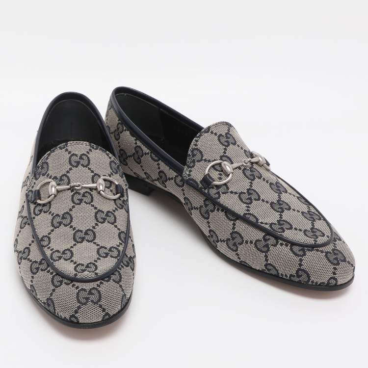 Pre Owned Gucci Beige/Blue GG Canvas and Leather Jordaan Horsebit Loafers Size 36.5