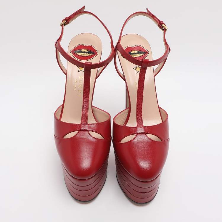 Pre Owned Gucci Angel Size 38.5 Red Leather Platform Sandals