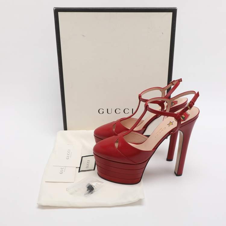 Pre Owned Gucci Angel Size 38.5 Red Leather Platform Sandals