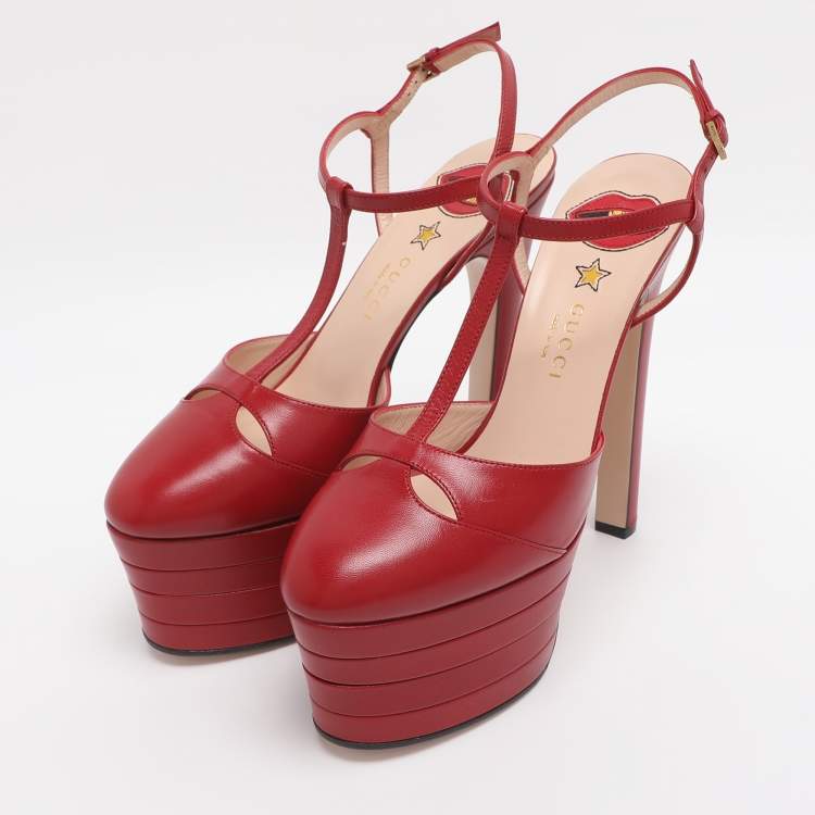 Pre Owned Gucci Angel Size 38.5 Red Leather Platform Sandals