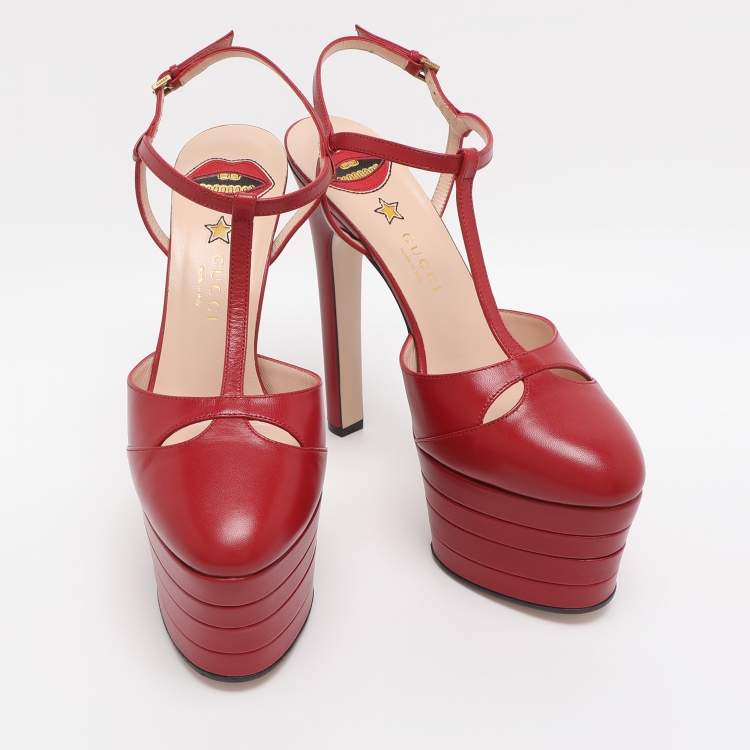 Pre Owned Gucci Angel Size 38.5 Red Leather Platform Sandals