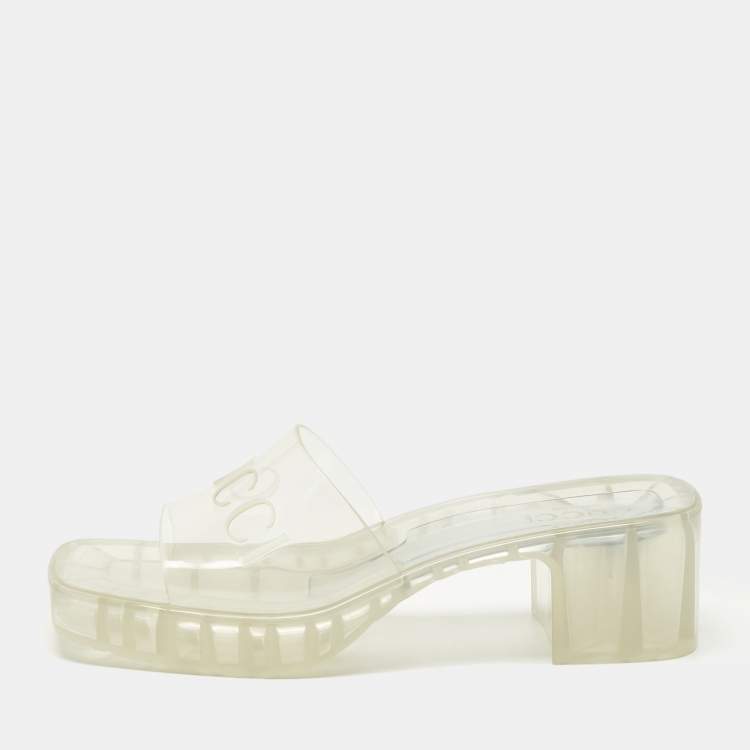 Pre Owned Gucci Embossed Logo Size 40 Transparent Rubber Slide Sandals