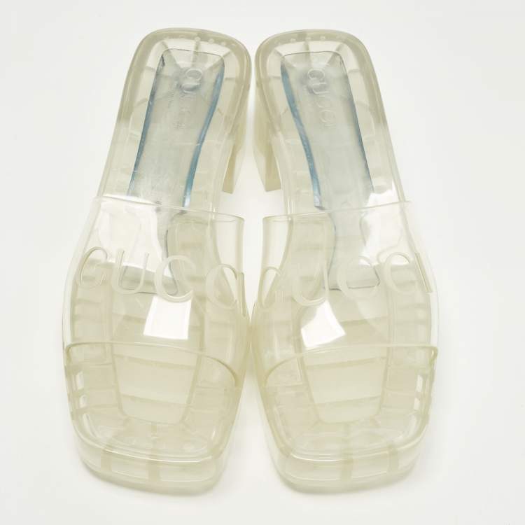 Pre Owned Gucci Embossed Logo Size 40 Transparent Rubber Slide Sandals