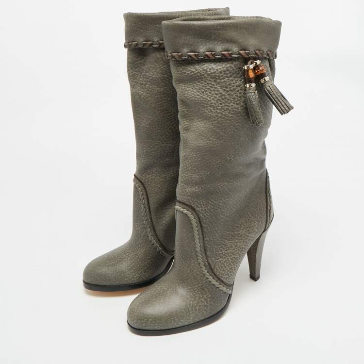 Pre Owned Gucci Size 38 Grey Leather Bamboo Tassel Ankle Length Boots