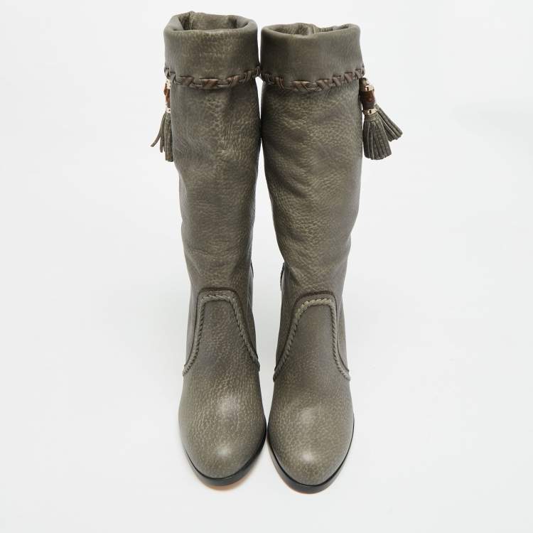 Pre Owned Gucci Size 38 Grey Leather Bamboo Tassel Ankle Length Boots