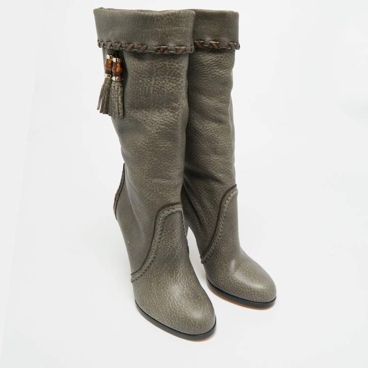 Pre Owned Gucci Size 38 Grey Leather Bamboo Tassel Ankle Length Boots