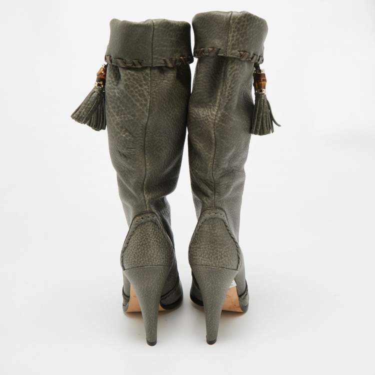 Pre Owned Gucci Size 38 Grey Leather Bamboo Tassel Ankle Length Boots