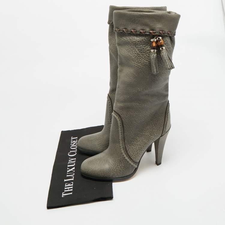 Pre Owned Gucci Size 38 Grey Leather Bamboo Tassel Ankle Length Boots